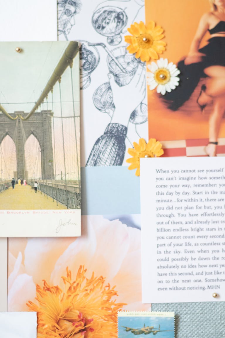 Aesthetic collage featuring a vintage postcard, flowers, and art sketches.