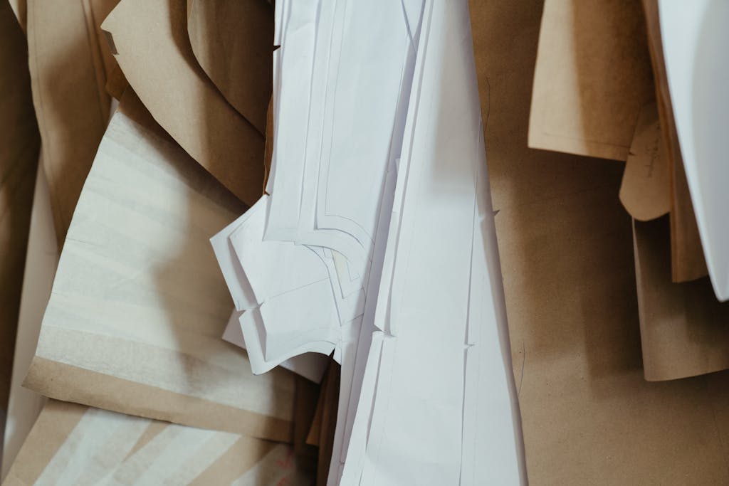 Close-up of assorted sewing patterns and craft paper, ideal for DIY tailoring projects.